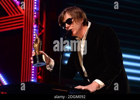 Thurston Moore presents the NME Inspiration Award on stage during the NME Awards 2016 with Austin, Texas at the O2 Brixton Academy, London.  Stock Photo