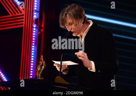 Thurston Moore presents the NME Inspiration Award on stage during the NME Awards 2016 with Austin, Texas at the O2 Brixton Academy, London.  Stock Photo