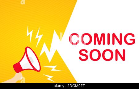 Hand holding megaphone with Coming soon text banner. Announcement. Loudspeaker. For business, promotion and advertising. Vector on isolated white back Stock Vector