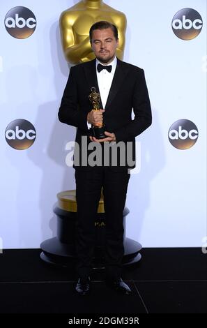 Leonardo DiCaprio with the Oscar for Best Actor for 'The Revenant' in the press room of the 88th Academy Awards held at the Dolby Theatre in Hollywood, Los Angeles, CA, USA, February 28, 2016. Stock Photo