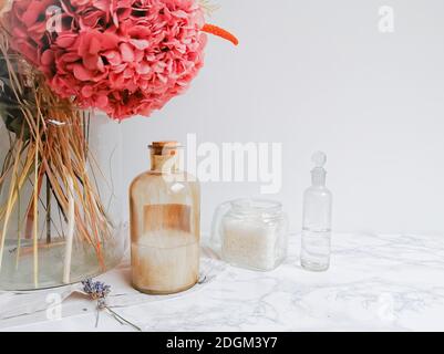 Homemade eco-friendly and plastic free liquid laundry detergent on a white marble background Stock Photo