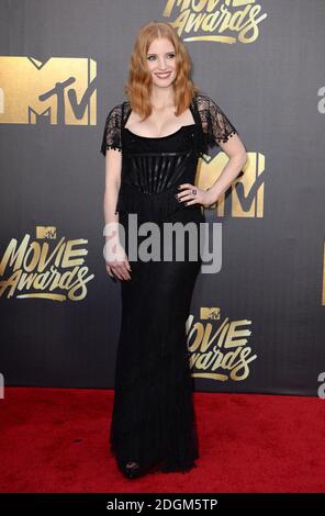 Jessica Chastain arriving at the 2016 MTV Movie Awards, Warner Bros Studios, Burbank, Los Angeles. Photo Credit should read: Doug Peters/EMPICS Entertainment  Stock Photo
