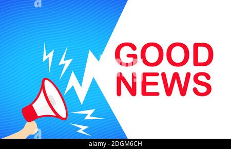 Hand holding megaphone with Good News text banner. Announcement. Loudspeaker. For business, promotion and advertising. Vector on isolated white backgr Stock Vector