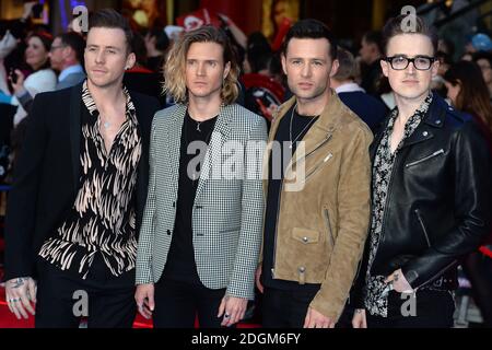 McFly (left to right) Dougie Poynter, Danny Jones, Harry Judd and Tom Fletcher arriving for the Captain America: Civil War European Premiere at the Vue Westfield, London. Tuesday 26th April 2016. Picture Credit Doug Peters EMPICS Entertainment  Stock Photo