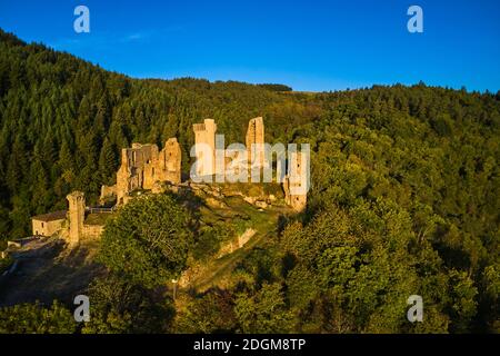 France, Haute-Loire (43), Bas-en-Basset, Rochebaron castle, Loire valley, (aerial view) Stock Photo