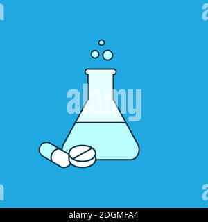Erlenmeyer conical flask. Lab flask with pill and tablet. Pharmaceutical concept. Chemistry science equipment. Color icon on blue background. Vector Stock Vector