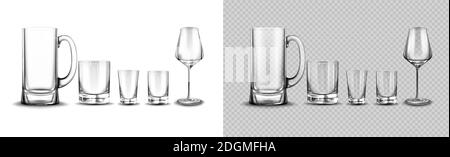 Set of glasses for tequila, whisky, beer tankard and wine tempranillo, cups for alcohol drinks stand in row isolated on white background. Empty glassware for beverages Realistic 3d vector illustration Stock Vector