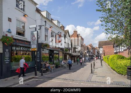 Friar Street, Worcester, UK, a pedestrian street mixing old buildings with shopping in the town centre. Stock Photo