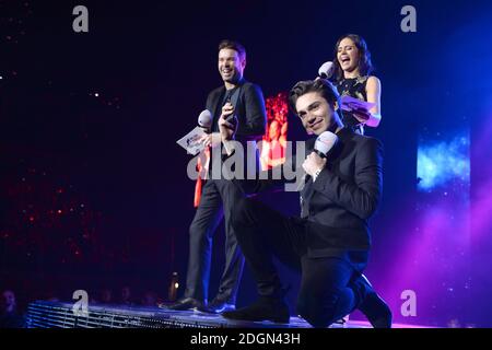 Capital presenters Dave Berry, Lilah Parsons and George Shelley on stage at the Capital FM Jingle Bell Ball 2016 with Coca-Cola at The O2 Arena in London.  Picture credit should read Doug Peters/ EMPICS Entertainment. Stock Photo