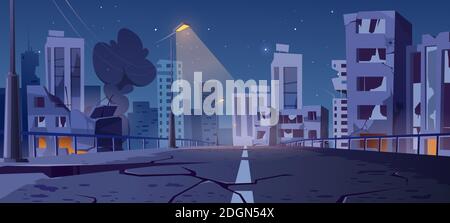 Night city destroy in war zone, abandoned buildings and bridge with smoke and creepy glow. Destruction, natural disaster or cataclysm, post-apocalyptic broken ruined road, cartoon vector illustration Stock Vector