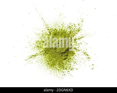 Green matcha tea powder explosion,white background Stock Photo