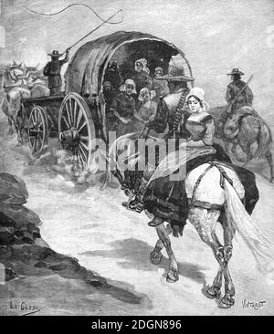 Trekboers or Boers Migrate North During the Great Trek (1835-1840) of South African Boers away from British Colonial Power in South Africa (Engr 1896 LeClerc-Vintraut) Vintage Illustration or Engraving Stock Photo