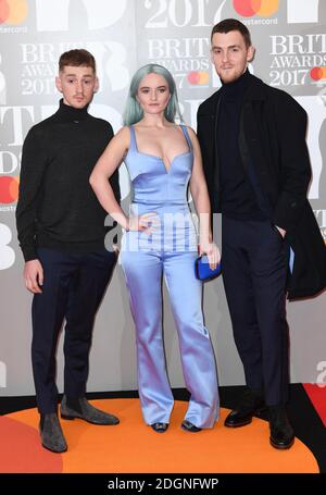 Clean Bandit's Grace Chatto, Jack Patterson and Luke Patterson attending the BRIT Awards 2017, held at The O2 Arena, in London.  Picture date Tuesday February 22, 2017. Picture credit should read Doug Peters/ EMPICS Entertainment. Editorial Use Only - No Merchandise. Stock Photo