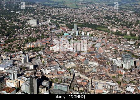 aerial view from over the Peace Gardens looking west down Devonshire, Wellington & West Streets towards Sheffield University city campus buildings Stock Photo
