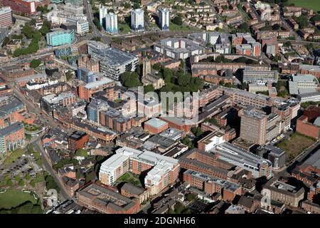 aerial view across West Street looking north west towards various Sheffield University buildings & Saint George's Square Park, Sheffield,UK Stock Photo