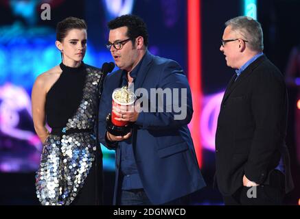 Emma Watson, Josh Gad and director Bill Condon accept Movie of the Year for 'Beauty and the Beast' at the 2017 MTV Movie and TV Awards, the Shrine Auditorium, Los Angeles. Photo Credit should read: Doug Peters/EMPICS Entertainment. Stock Photo