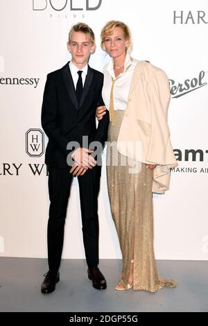 Uma Thurman and son Levon Roan Thurman Hawke attending the 24th amfAR Gala held at the Hotel du Cap-Eden-Roc in Antibes, France. Photo Credit should read: Doug Peters/EMPICS Entertainment Stock Photo