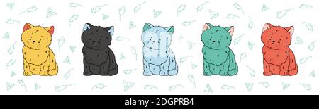 Yellow, green, pink, blue, gray hand drawn kittens or cats and sitting and dreaming, eyes are closed. Mice and cheese are on white background Stock Vector