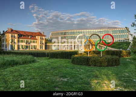 Lausanne, Switzerland - April 22, 2020 - Recently built next to the old Olympic House in the Louis-Bourget Park, the modern Olympic House acts as the Stock Photo
