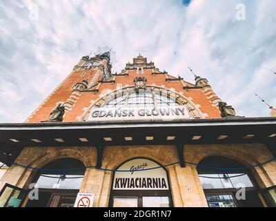 Old town of Gdansk. The building of the main station in Gdansk. Gdansk Railway Station facade. Old beautiful train station. Pola Stock Photo