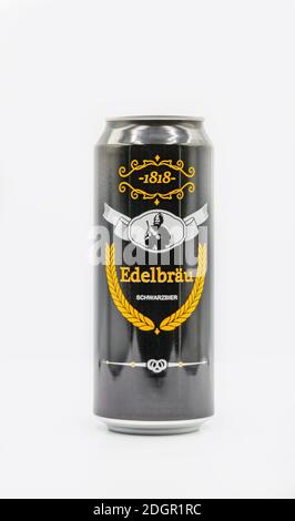 KYIV, UKRAINE - SEPTEMBER 14, 2020: German Edelbrau black beer can closeup against white background. Stock Photo