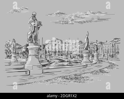 Vector hand drawing illustration of Prato della Valle in Padua. Venice cityscape hand drawn sketch in monochrome colors isolated on gray background. T Stock Vector