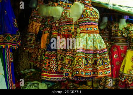 A kids colourful traditional dress stall at the art and crafts exhibition in Shilparamam, Hyderabad, Telangana, India Stock Photo