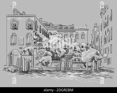 Vector hand drawing illustration of Venice. Venice cityscape hand drawn sketch in monochrome colors isolated on gray background. Travel concept. For p Stock Vector