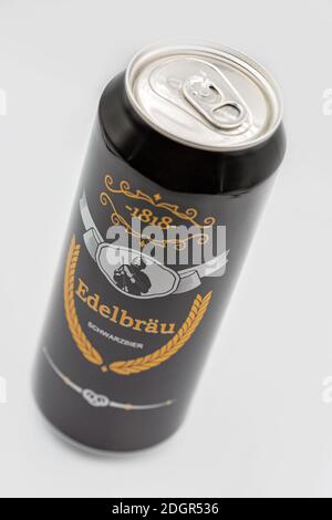 KYIV, UKRAINE - SEPTEMBER 14, 2020: German Edelbrau black beer can closeup against white background. Stock Photo
