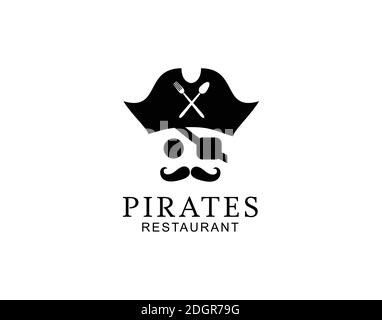 Pirates Hat with Spoon and Fork for Restaurant on Ship / Cruise / Yacht logo design Stock Vector