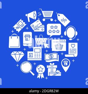 Internet shopping round banner in flat style. Online store concept poster with ecommerce symbols. Vector illustration. Stock Vector