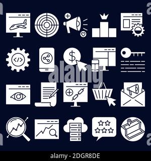 SEO glyph icon set in simple style. Search engine optimization symbols collection on dark background. Digital marketing and web development. Vector il Stock Vector