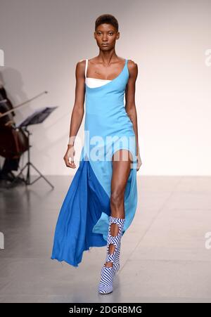 Model on the catwalk during the Richard Malone London Fashion Week SS18 show held at the BFC Show Space, London. Picture date: day month, 2017. Photo credit should read: Doug Peters/EMPICS Entertainment Stock Photo