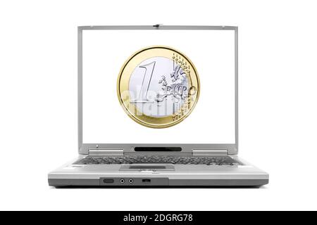 Laptop zeigt eine 1 Euro Münze auf dem Bildschirm Stock Photo