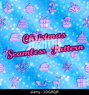 Christmas Seamless Patterns, Cartoon Signs for Holiday Design on Tile Blue Background, Sky with Stars and Circle Confetti. Vector Stock Vector