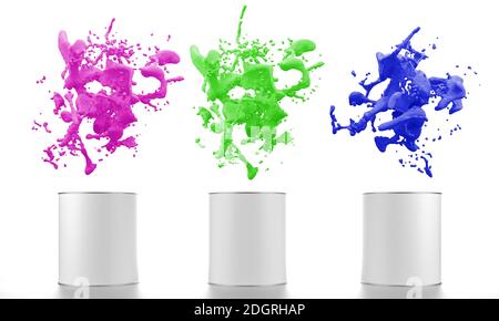 Abstract isolated color splash out of paint buckets - 3D Illustration Stock Photo