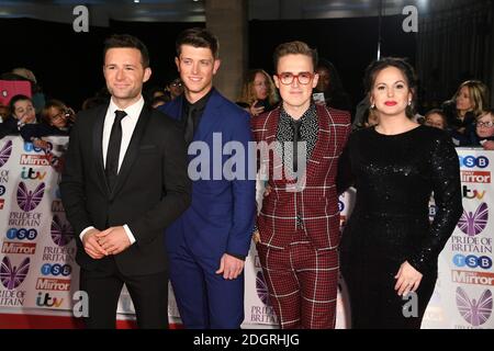 Harry Judd (left), guest and Tom Fletcher (right) of McFly, with Tom's wife Giovanna Fletcher attending the Pride of Britain Awards 2017 held at Grosvenor House, London. Photo credit should read: Doug Peters/EMPICS Entertainment  Stock Photo