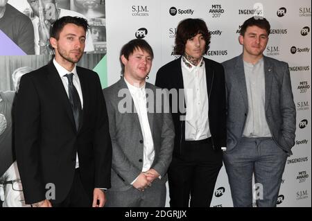 Left to right, Jordan Fish, Lee Malia, Oliver Sykes and Matt Nicholls from Bring Me The Horizon arriving for the 26th Annual Music Industry Trusts Awards held at the Grosvenor House Hotel, London. Picture credit should read: Doug Peters/Empics Entertainment Stock Photo