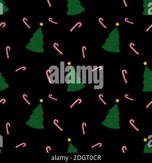 Seamless pattern with green christmas trees and candy cane on black background. Abstract wallpaper,wrapping decoration. Merry Christmas holiday, Happy Stock Photo