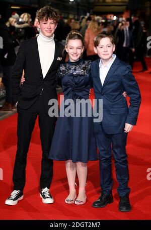 Finn Elliot (left), Eleanor Stagg and Kit Connor attending the Mercy premiere at the Curzon Mayfair cinema, London Stock Photo