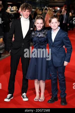 Finn Elliot (left), Eleanor Stagg and Kit Connor attending the Mercy premiere at the Curzon Mayfair cinema, London Stock Photo