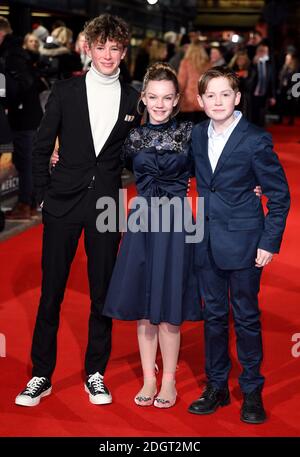 Finn Elliot (left), Eleanor Stagg and Kit Connor attending the Mercy premiere at the Curzon Mayfair cinema, London Stock Photo