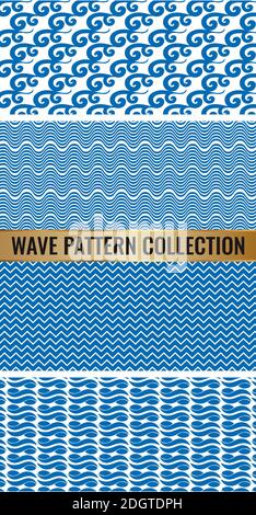 A set of patterns with waves. Design for backgrounds with sea, river or water texture. Repeating texture. Drawing for textiles. Print for book covers, postcards, and t-shirts. Surface design. Stock Vector