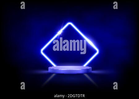 Glowing neon blue rhombus with sparkles in fog on round podium. Abstract electric light frame on black background. Geometric fashion design vector Stock Vector