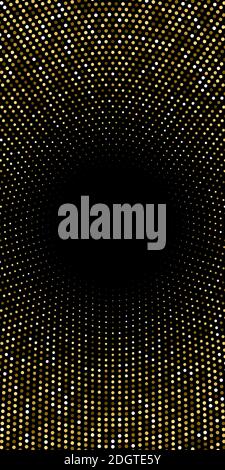 Abstract halftone circular background. Gold, grey, amber dot pattern on black vertical background. Bright vintage wallpaper vector illustration Stock Vector