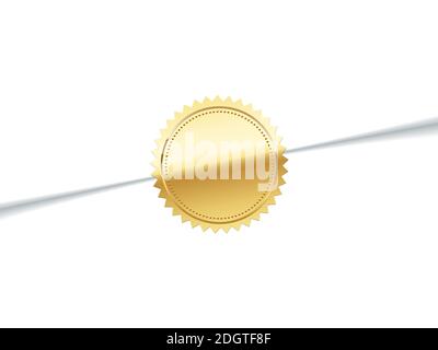 Glued golden sticker on envelope. Gold stamp logo vector illustration. Quality certificate on vip letter. Realistic round symbol, vintage mail seal Stock Vector