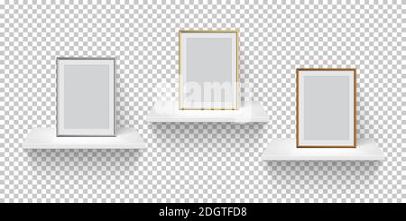 Frame for picture on white shelf set. Silver, golden and bronze frames on transparent background. Blank space for picture, painting, card or photo. 3d Stock Vector