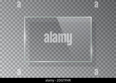 Realistic 3d horizontal rectangular glass frame isolated on grey transparent background. Creative border plate object. Vector blank framework. Stock Vector