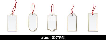 Price or label tags mockup template set. Blank cards with red strings for gifts or sales with different shapes: ellipse, rectangle. Empty stickers Stock Vector