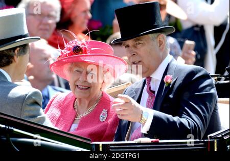 Queen Elizabeth II and Prince Andrew the Duke of York during day three of Royal Ascot at Ascot Racecourse. Photo credit should read: Doug Peters/EMPICS Entertainment Stock Photo